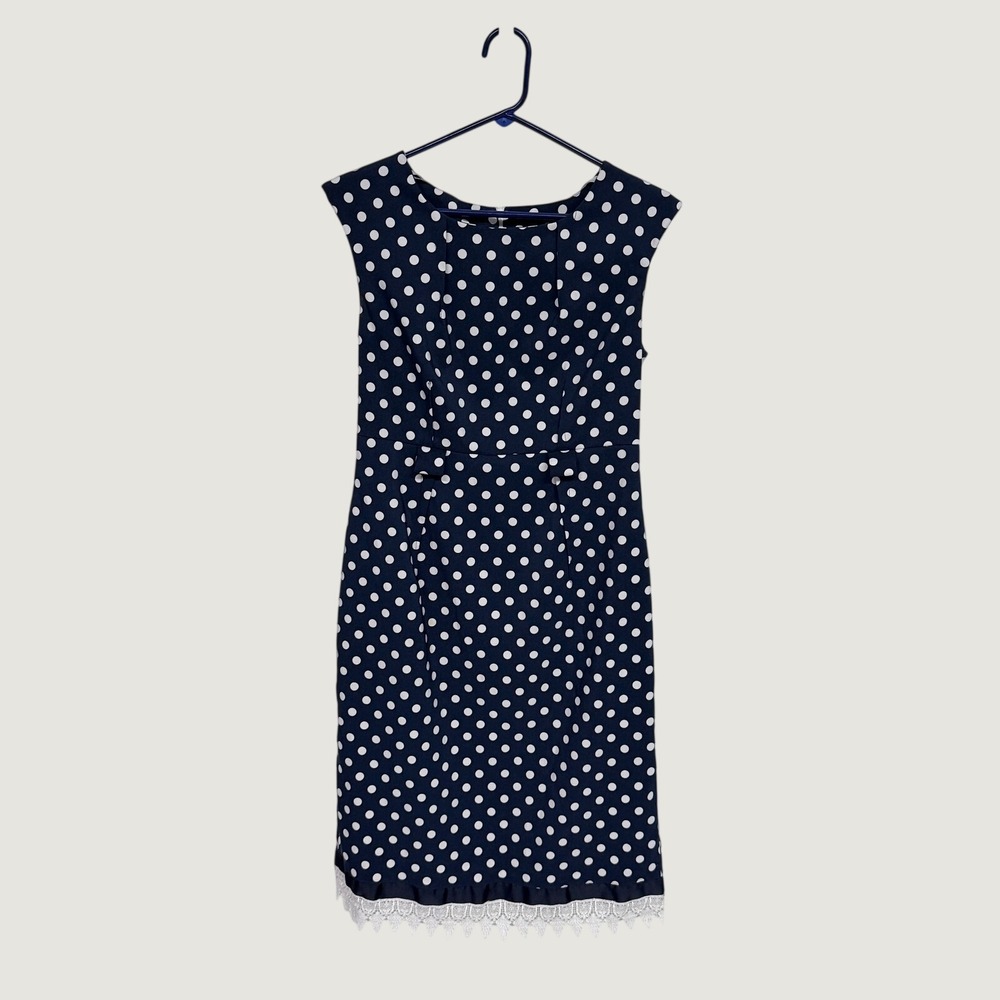 Emma & Michele Navy Blue Polka Dot Sheath Dress with Lace Trim Hem Size 6